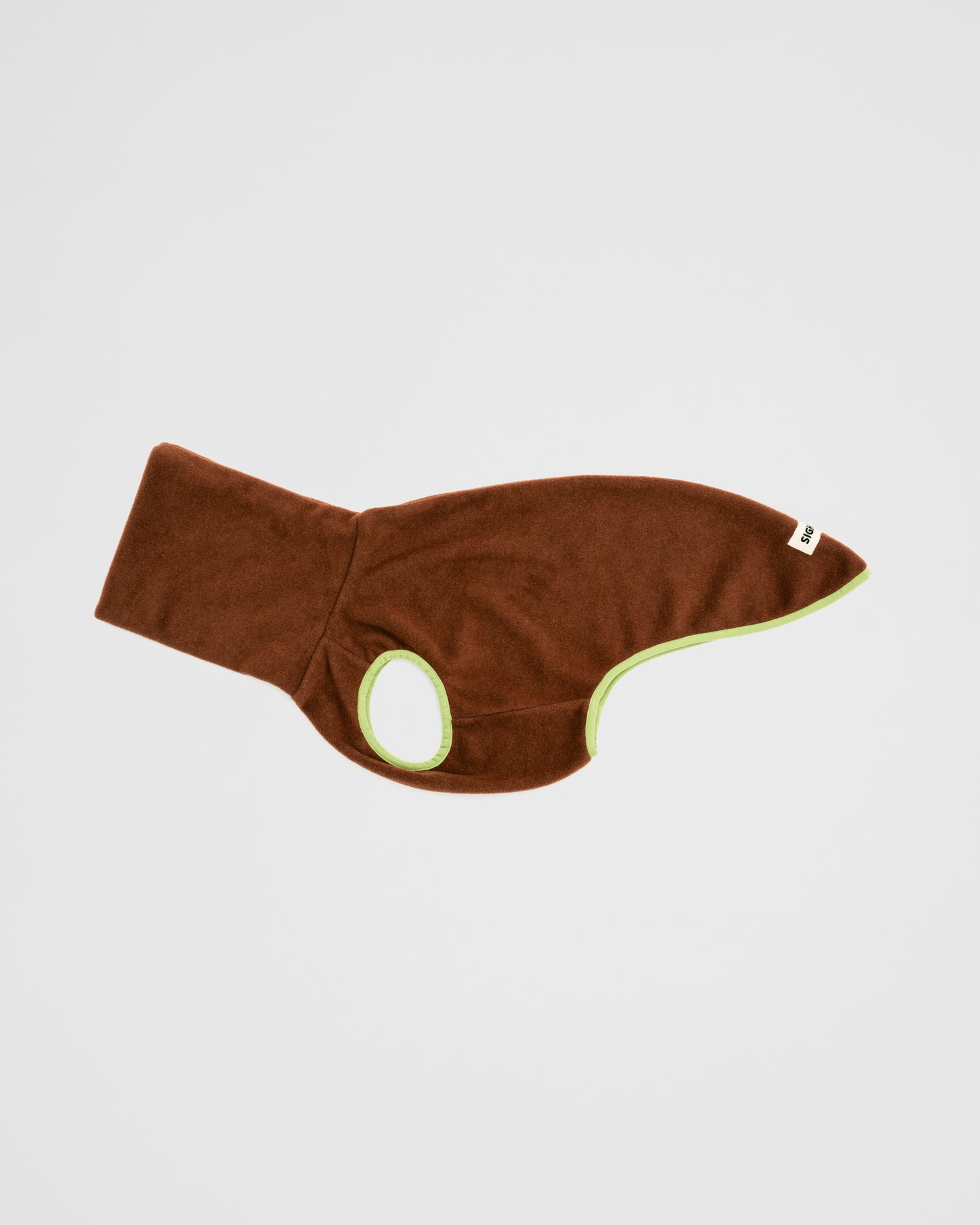 Brown dog fleece with green trim 